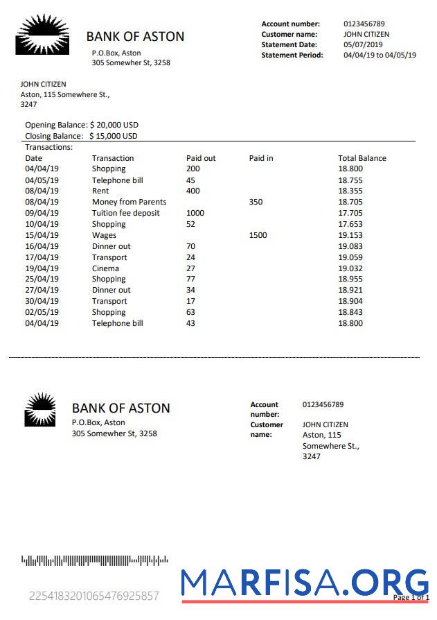 Printable United Kingdom Bank of Aston bank statement word download for verification